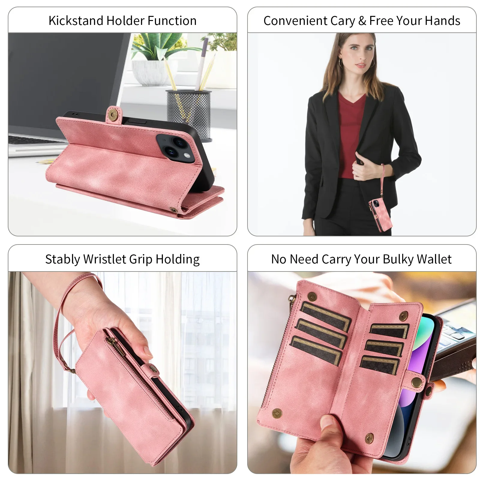 Luxurious Zipper Leather Wallet Phone Case with Card Slots and RFID Protection