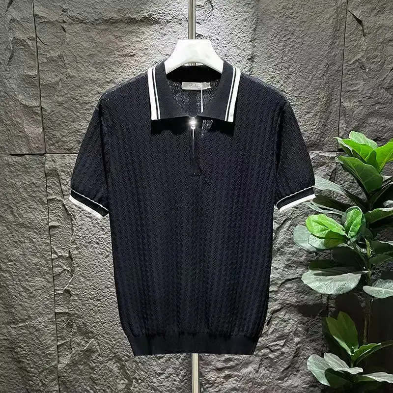 Men's Knitted Jacquard Polo Shirt Casual Stripe Turn-down Collar Zipper Solid Short Sleeve Tees Shirt Breathable Luxury Clothing 7 Saffd1fdd1f864ede8e3081f785002293I