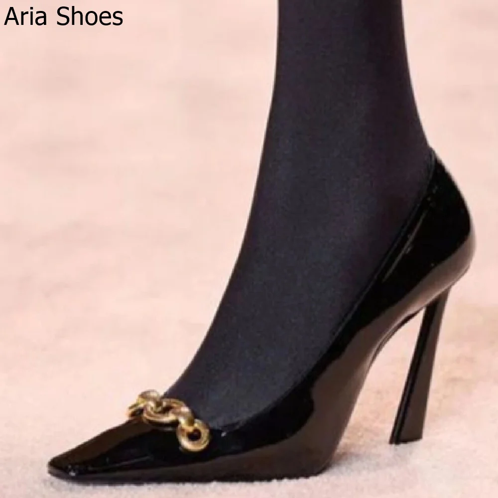 2024 New Summer Black High Heels Women's French Design Elegant 10Cm Stiletto Pumps Slip On Leather Pointed Toe Metal Buckle Shoe