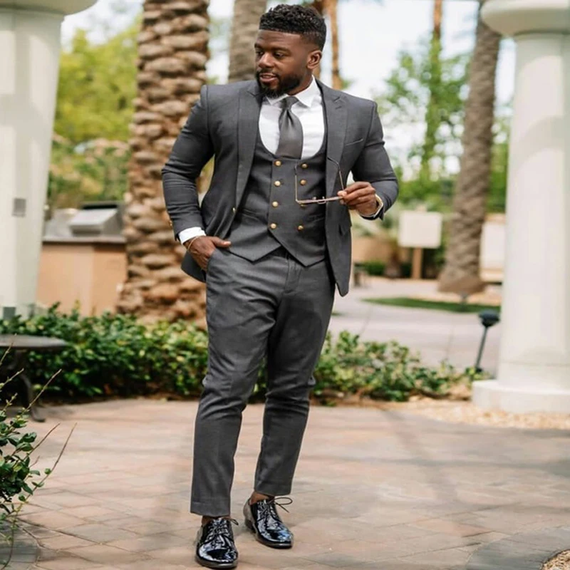 

Мужской облегающий костюм из трех предметов, темно-серый пиджак с двубортным жилетом, деловой пиджак и брюки для свадьбы
