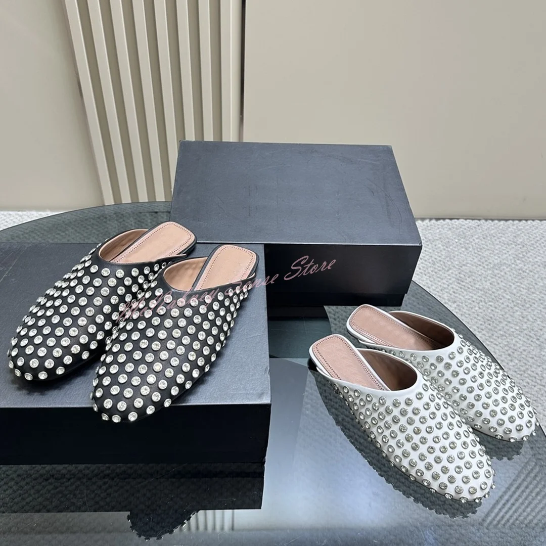 

Round Toe Crystal Sandals Slipper Flat with Slip On Shallow Women Shoes Summer Casual Slide Leather New Luxury Big Size Shoes