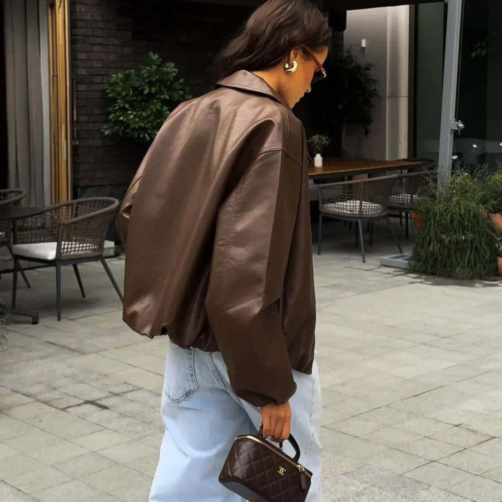 Veste bomber en cuir PU pour femme, à fermeture éclair, col à revers, manches longues, coupe ample, marron, pour l'automne et l'hiver, style streetwear vintage