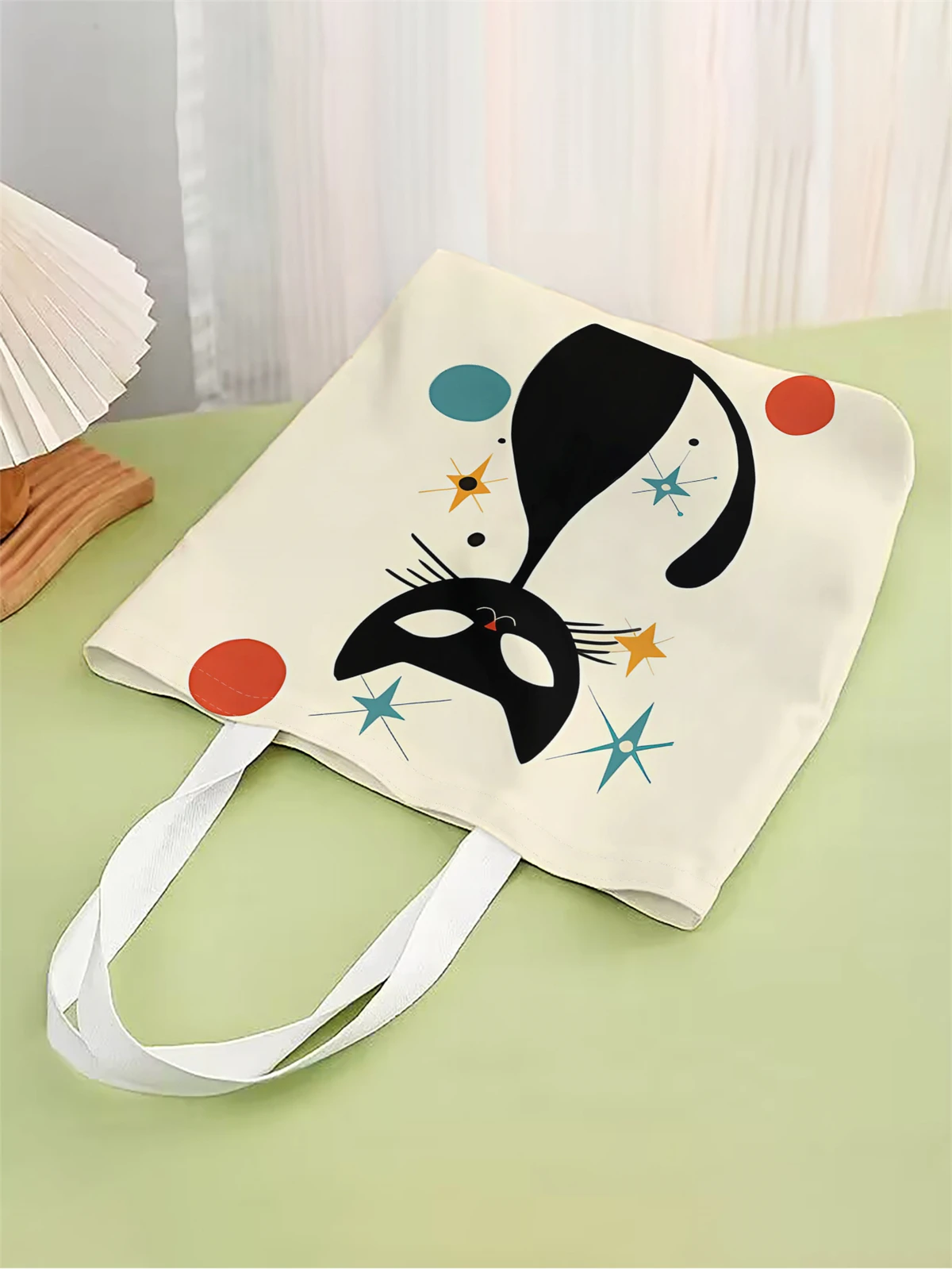 1pc,cartoon black cat handbag, reusable fashionable handbag, multifunctional handbag, printed canvas shopping bag