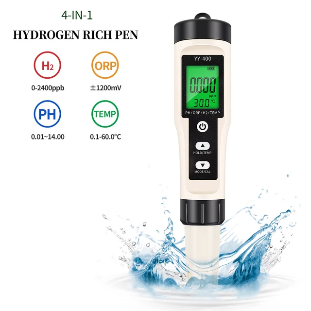 4 in 1 Water Tester Monitor H2 PH ORP TEMP Meter Reactive Oxygen Hydrogen Analyzer ATC 0-2400PPb for Aquariums Pools Spa