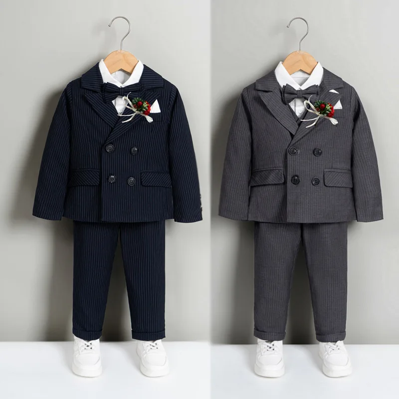 

Boys Formal Striped Suits Set Autumn Child Wedding Birthday Party Costumes Kids Double Breasted Blazer Pants Bowtie Clothes
