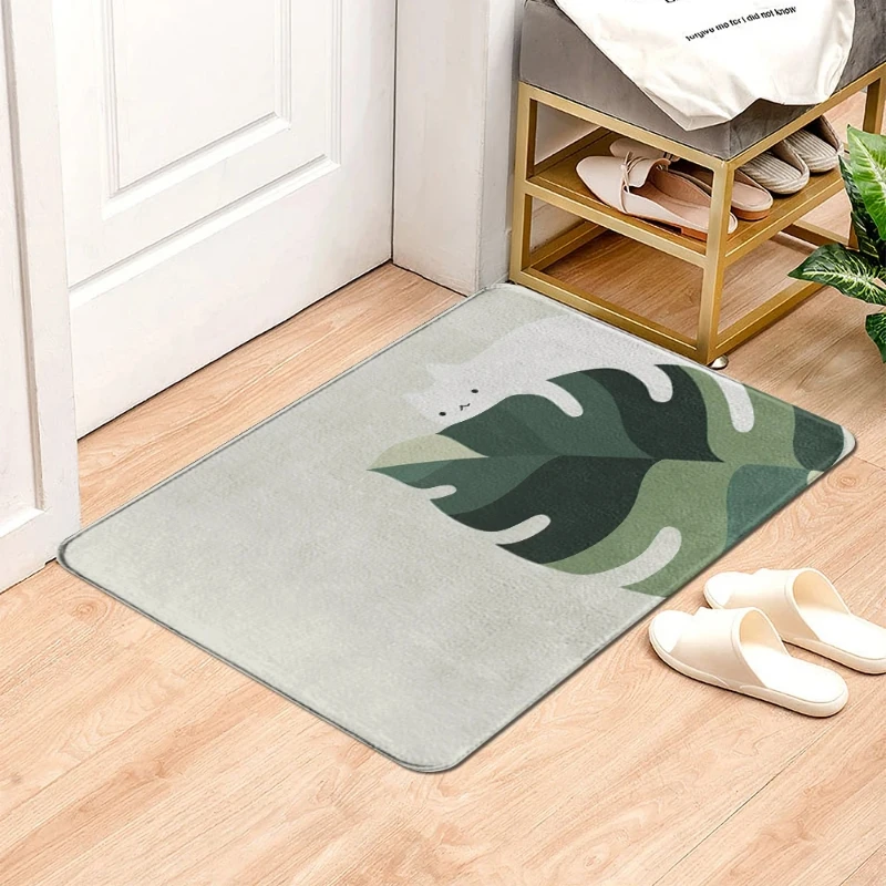 Nordic Plant Leaf Cat Print Tappeto Soggiorno Camera Da Letto Casa Flanella Decorazione Tappetino Bagno Tappetino Antiscivolo Tappetino D'Ingresso