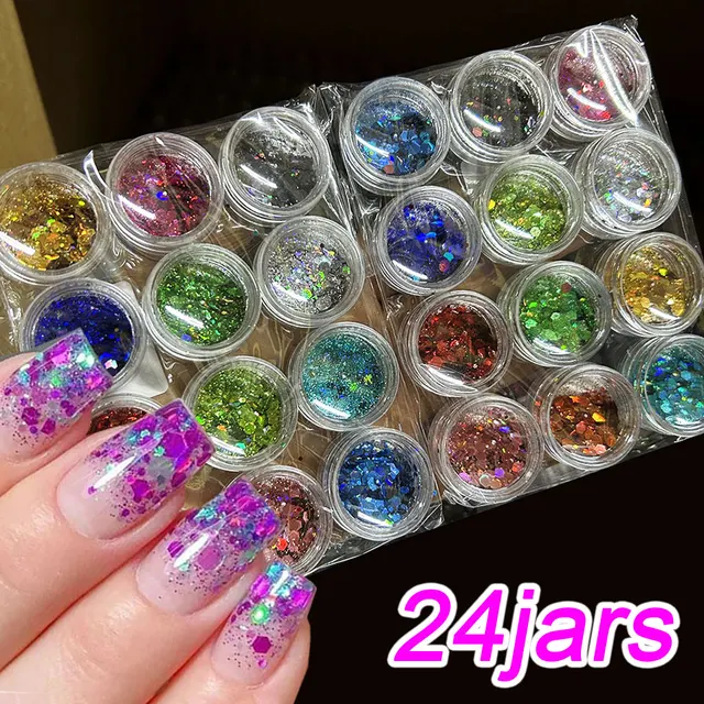 12Pots/set Hexagon Chunky Glitter Nail Sequins Shiny Holograhic Glitter Mermaid Nail Flakes Mixed Size Hexagon Glitter Flakes R3