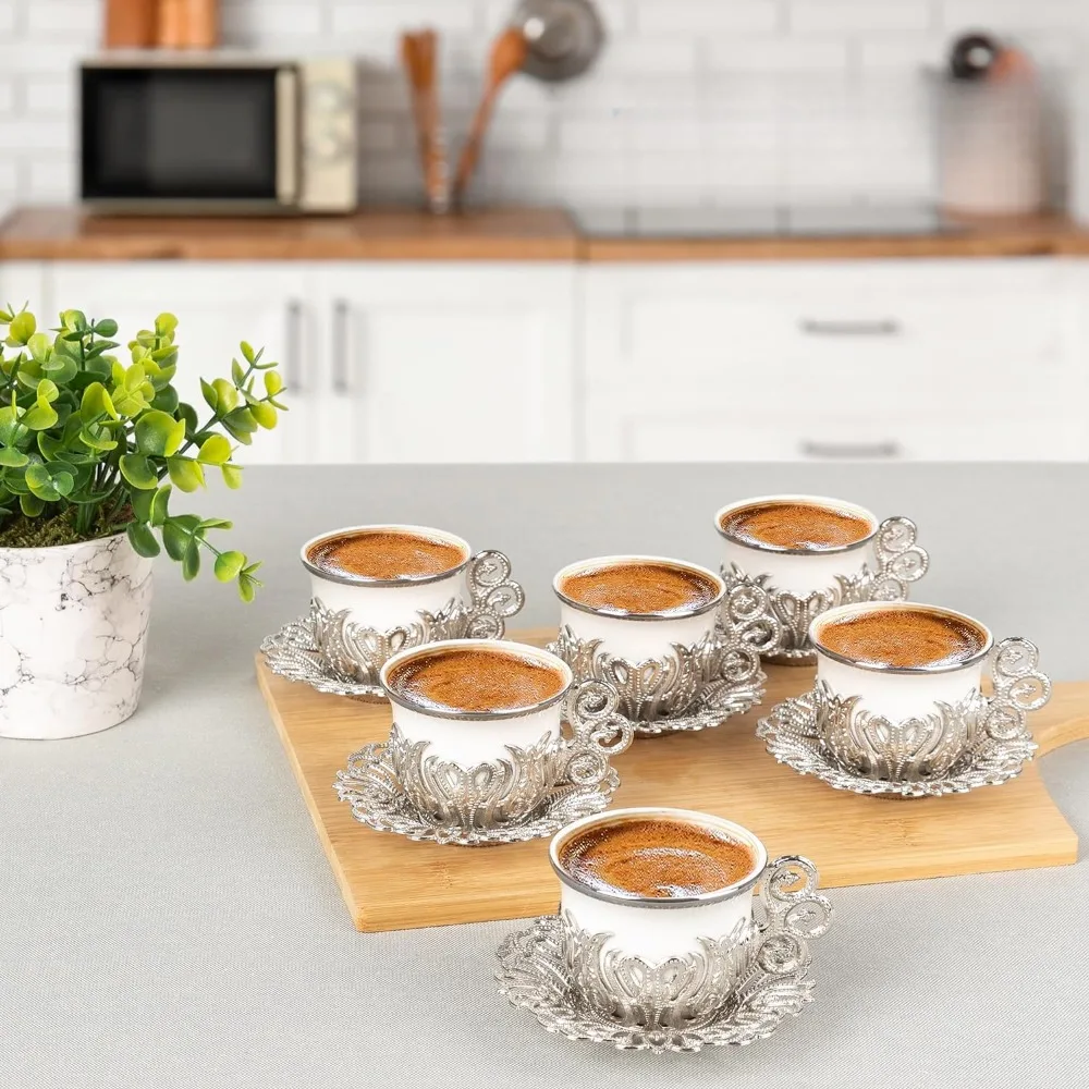 

Белая фарфоровая и цинковая металлическая посуда с турецкими мотивами, кофейная чашка, набор из 6 чашек и блюдец (серебристый), чайный бар