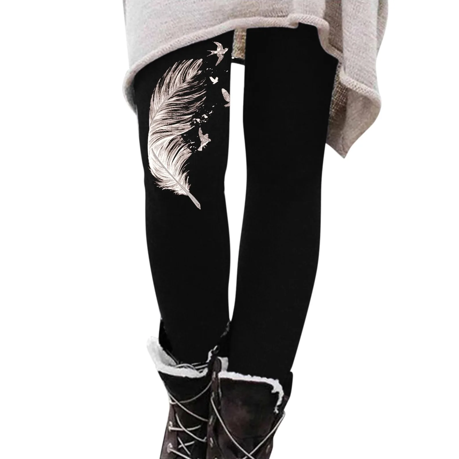 Womens Winter Casual Leggings Elastic Waist Thermal Capris Workout Trousers Thermal Prints Pants