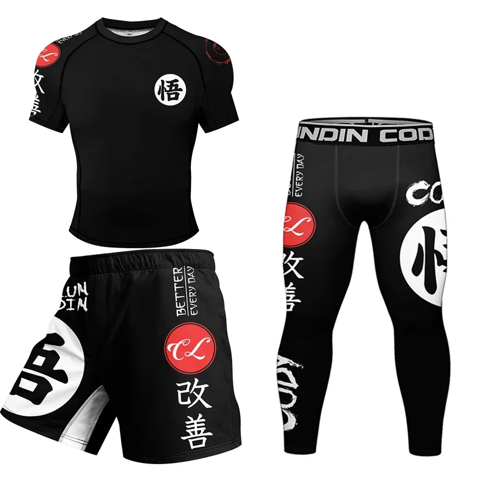 MMA Jiu Jitsu T-shirt+Pant 4pcs/sets Rashguard Men Bjj Gi Brazilian Grappling Muay Thai Shorts Compression Clothing Sportswear