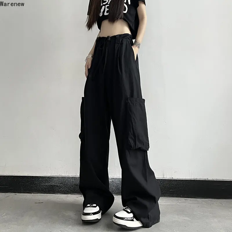 

Women Y2k Hip-hop High Street Casual Overalls Solid Color Loose Wide Leg Pants American Retro Drawstring Cargo Punk Trousers