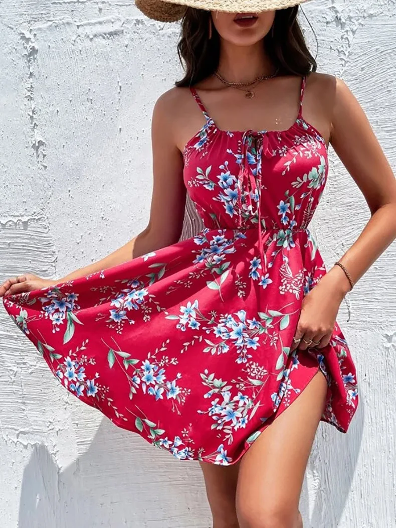 Saffe1c1026ac4187910ee1e9b1c9ae2fA European and American New Summer Elegant Sleeveless Dress Pullover Print Elastic Waist Strap Short Skirt for Women Mallzona