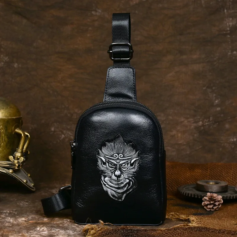 Genuine Leather Men's Crossbody Chest Bag with Double Zippers, Fashionable and Versatile Phone Bag