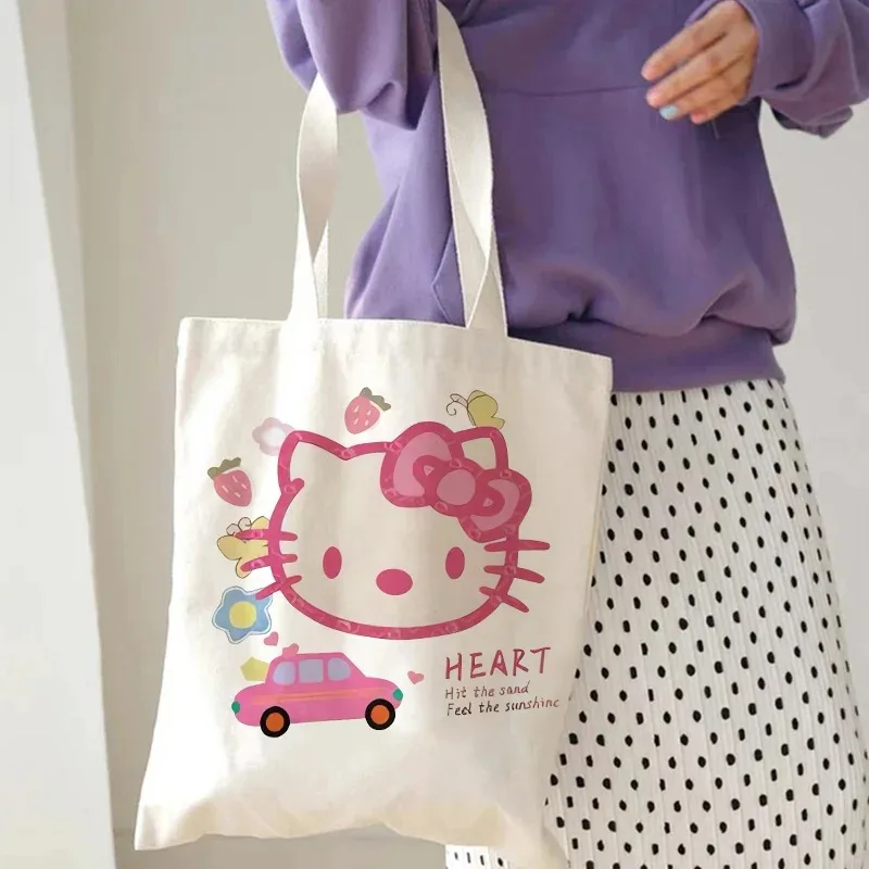 Hello Kitty Canvas Tote Bag Harajuku Y2k 90s Cartoon Girl Handbag Large Capacity Female Shoulder Bags Portable Travel Purse Gift 2
