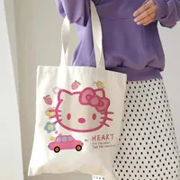 Hello Kitty Canvas Tote Bag Harajuku Y2k 90s Cartoon Girl Handbag Large Capacity Female Shoulder Bags Portable Travel Purse Gift 2