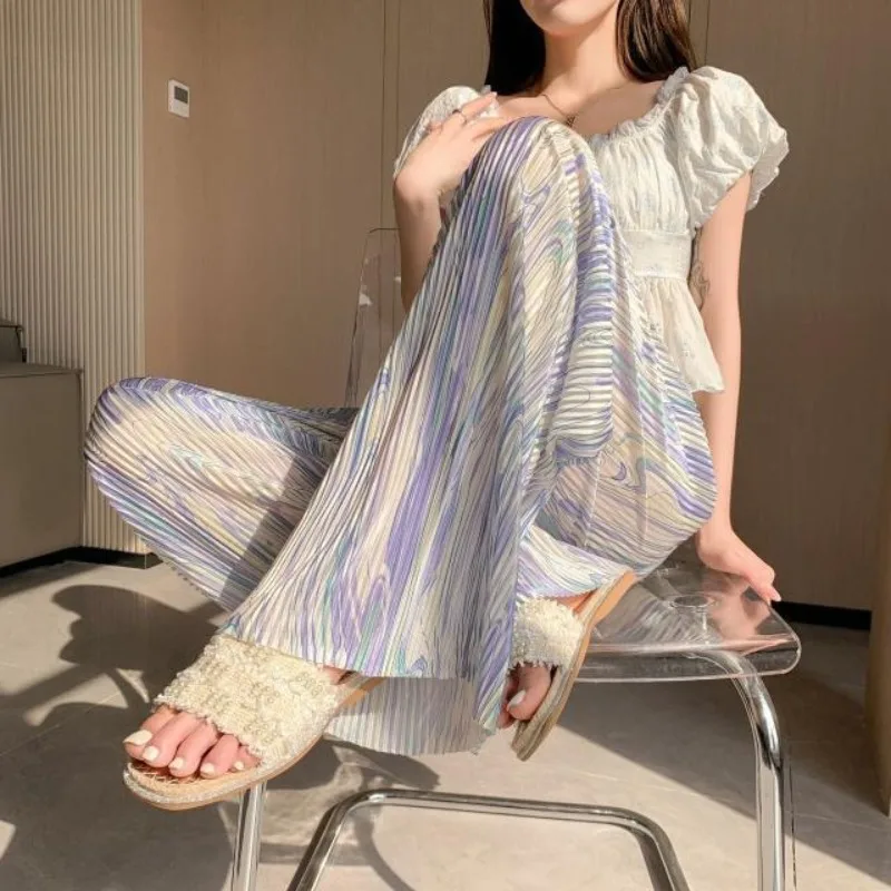 Summer Sweet Geometric Ruched Women's Thin Elasticized High-waisted Straight Tie Dye Casual Loose Wide Leg Floor Length Pants