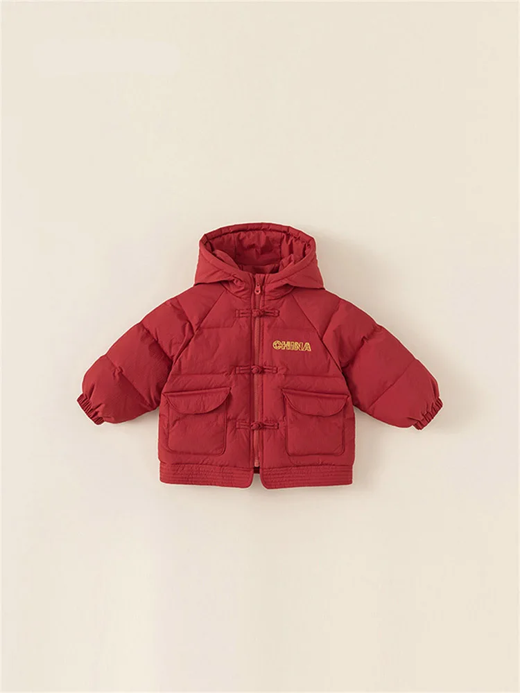 Children's Embroidery Down Jacket New Baby White Duck Down Hooded Coat For Winter Fashion Vintage Buckle Design Clothes
