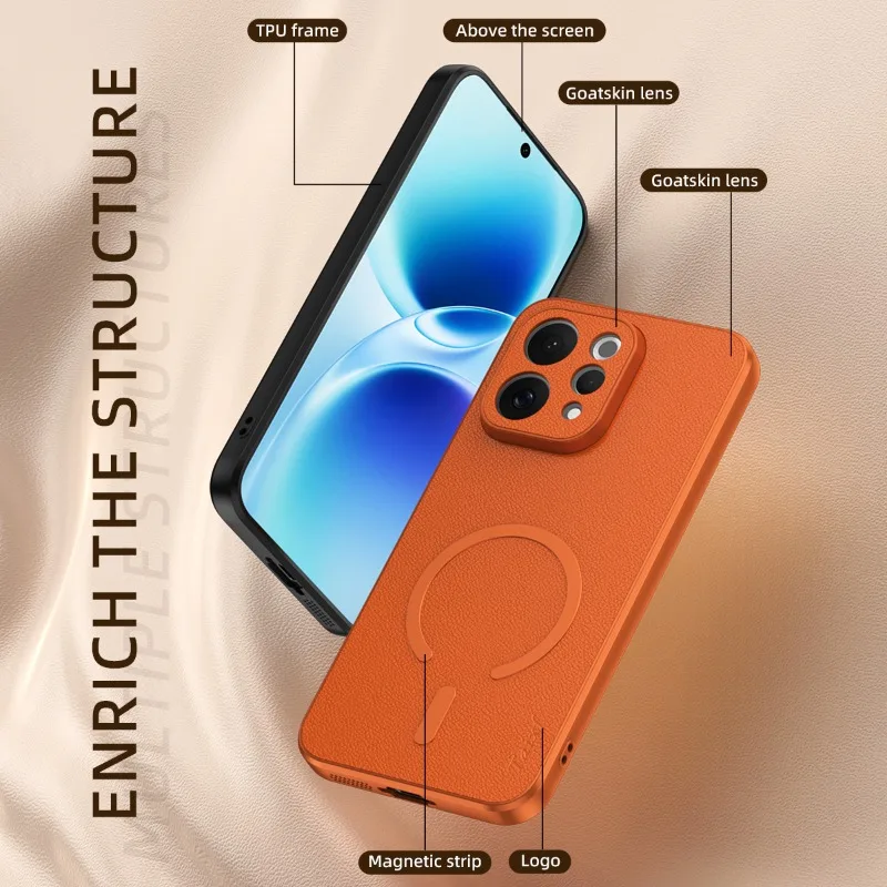 Premium Goatskin Leather Magnetic Wireless Charging Shockproof Case with TPU Soft Frame