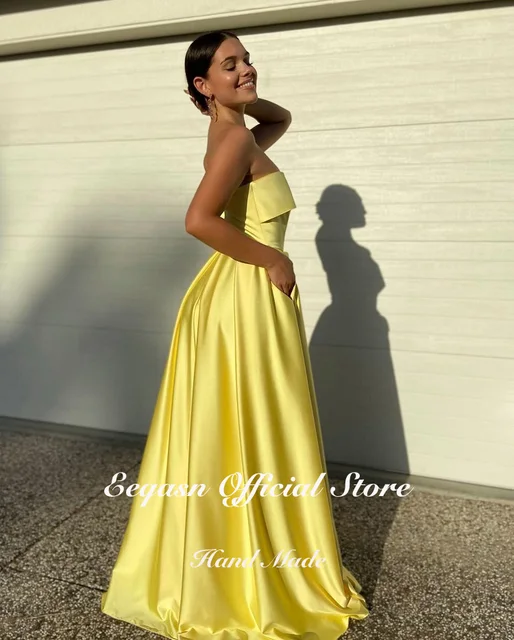Strapless Lange Gele Jurk Elegante Gele Satijnen Avondjurk 2024