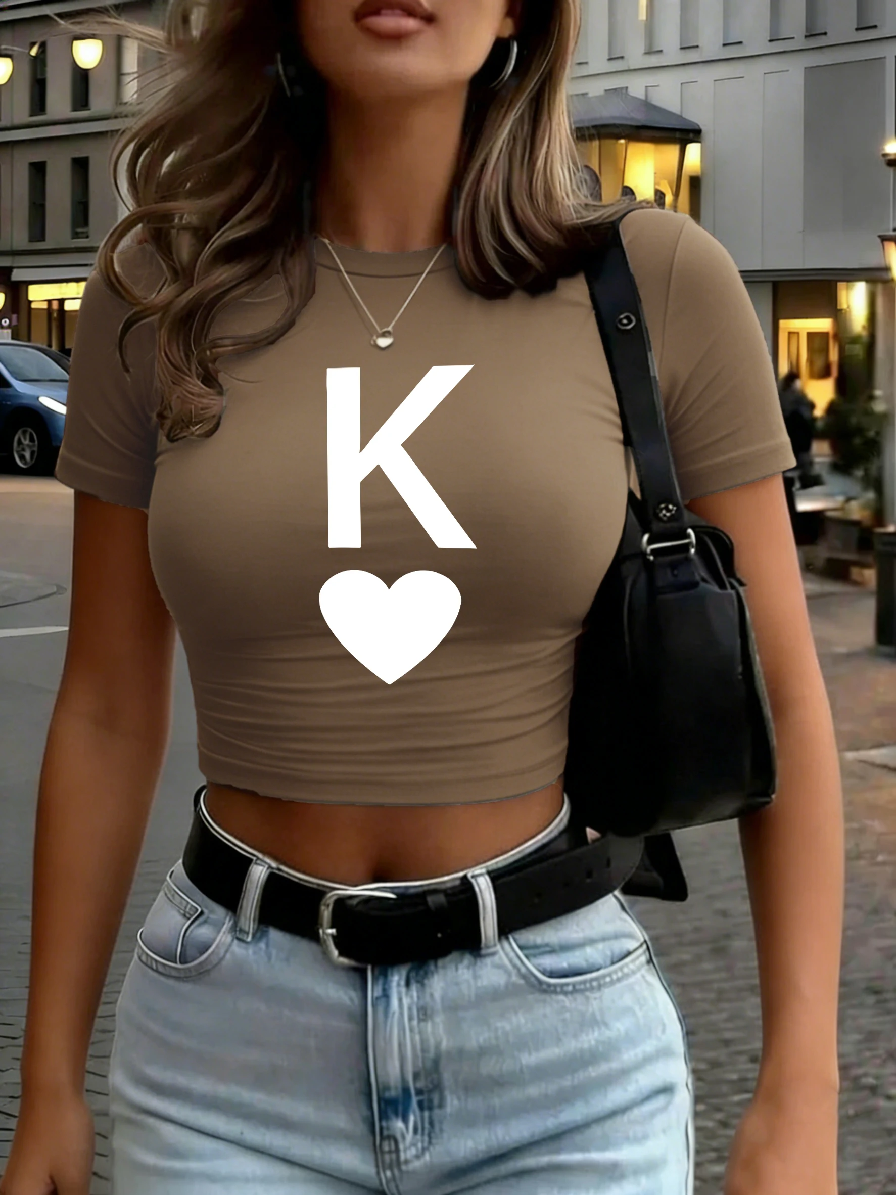 Art Love K Buchstabenmuster Damen Crop T-Shirt Sommer Rundhalsausschnitt Kurzarm Y2K Enge Casual Streetwear Yoga Damen T-Shirts – Detail 7
