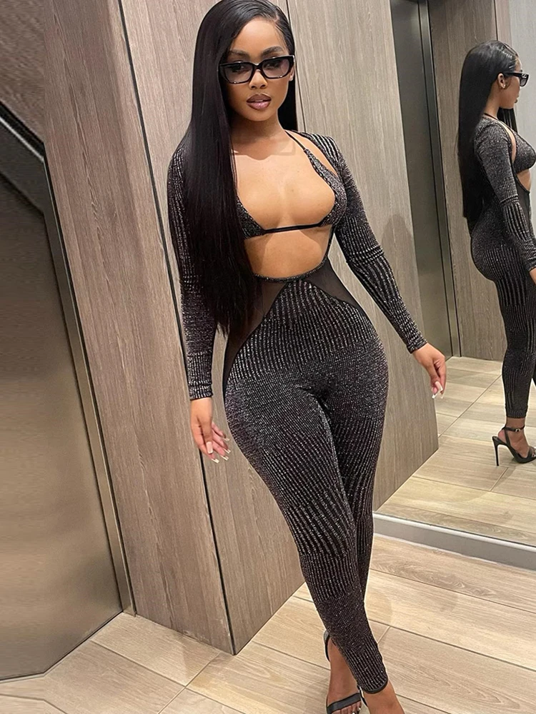 Sexy Low Cut Long Sleeve Glitter Jumpsuit Women Mesh Patchwork Fashion Streetwear Camisole Bodycon One Piece Rompers 2023 Summer