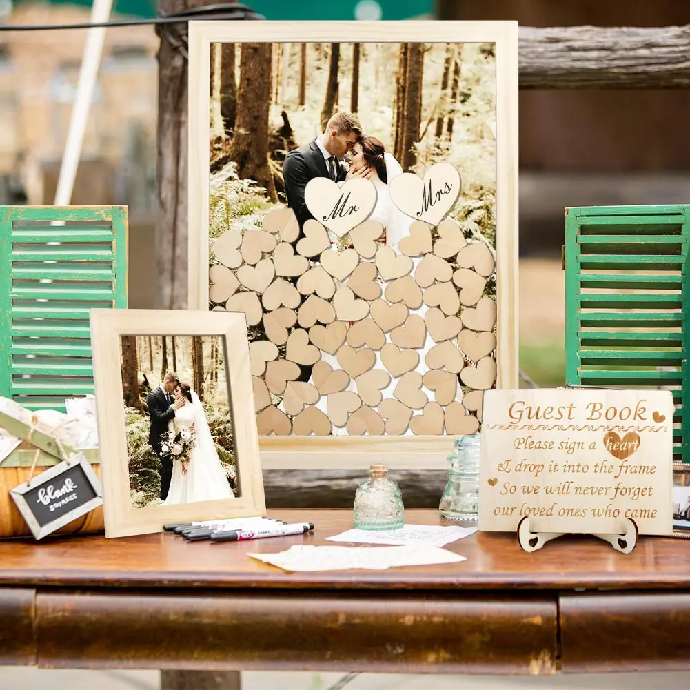 thumbnail image 2 of Wooden Picture Frame Guest Book Alternative – With 90+ Signing Hearts, For Weddings, Baby Showers, Parties 2 of 9
