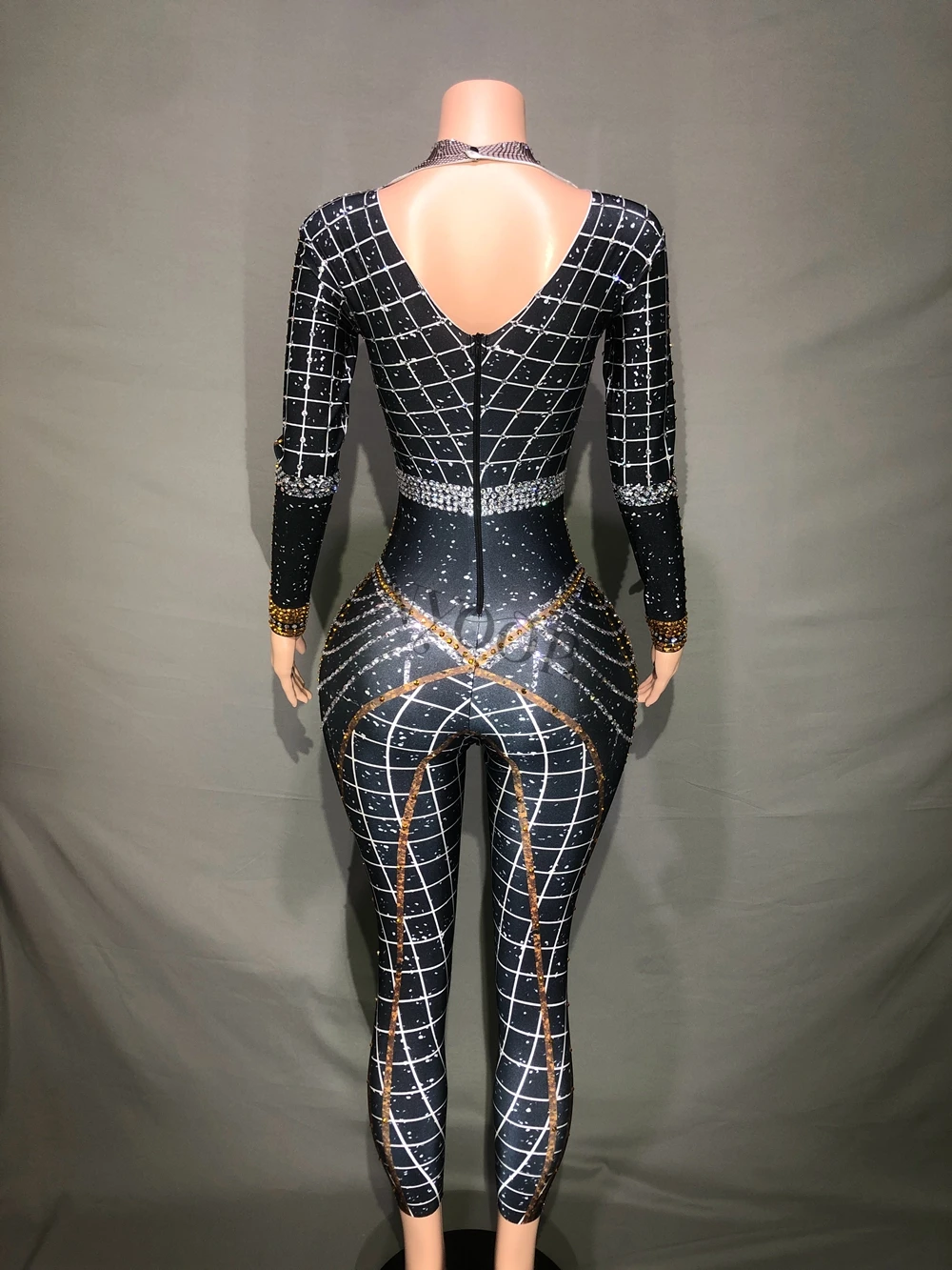 Dance Dress Rhinestones Dress Women Costume Set Sparkly Rhinestones Jumpsuit Women Long Sleeve Spandex Nightclub Prom Party Outfit Singer Dance Performance Costume Stage Wear