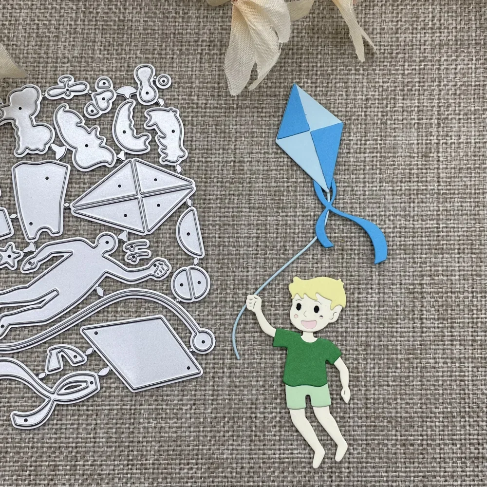 Das Kind flog den Drachen. Metall-Stanzformen für DIY-Scrapbooking, dekorative Prägung, Handarbeit, Stanzschablone, Form.