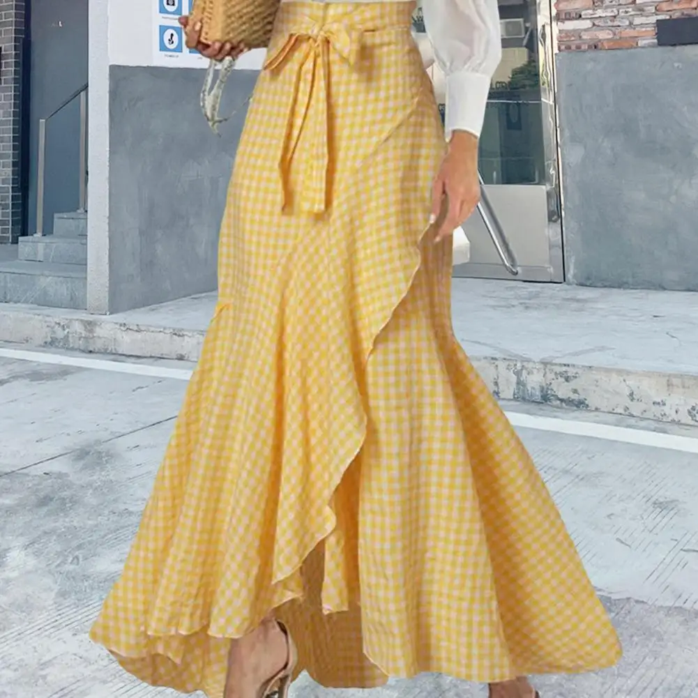 

Women Long Skirt Elegant Lace-up Ruffle Maxi Skirt with Plaid Print Bow Tie Detail High Waist Irregular Hem Skirt for Women Maxi