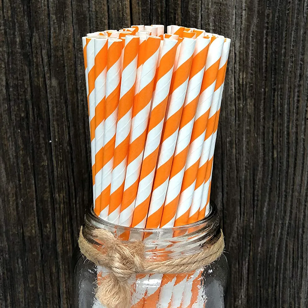 Striped Paper Straws Orange and White Friendly Straws for Juice Soda 25pcs