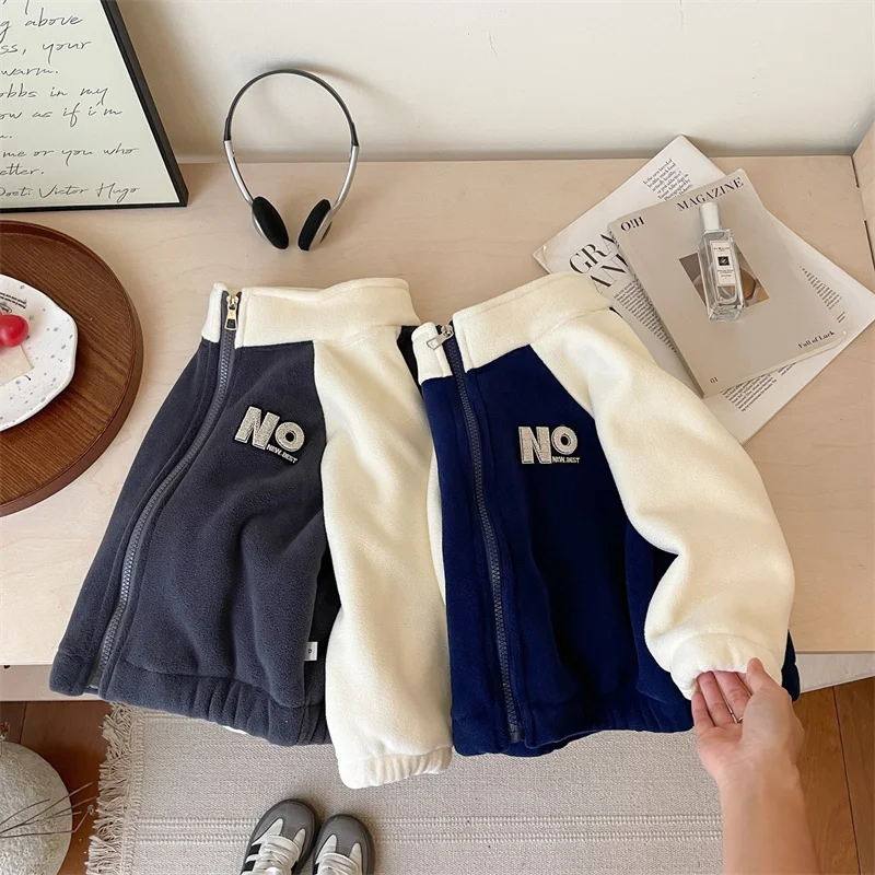 Winter Warm Coat Baby Plus Velvet Thick Jacket Boys High Neck Letter Outerwear Girls Zipper Casual Tops New Long Sleeve Clothes