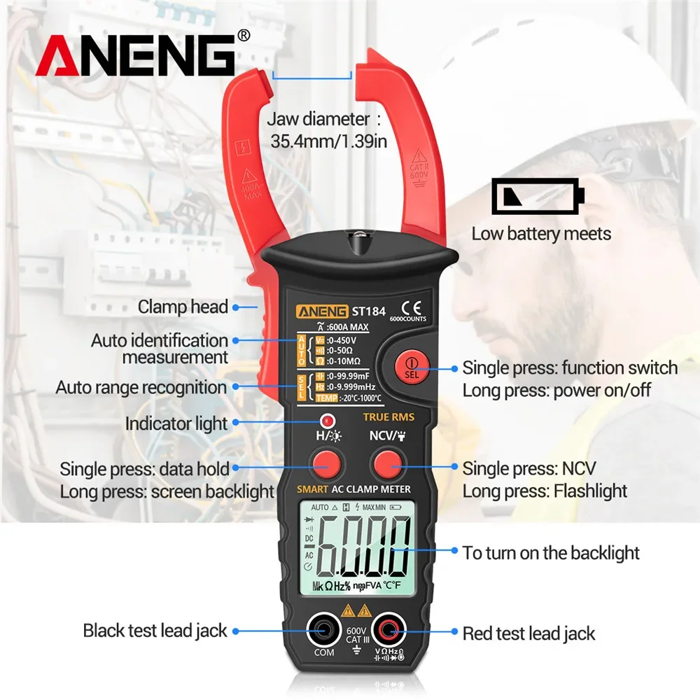 ANENG ST184 트루 RMS 클램프 미터 디지털 멀티미터 AC DC 전압 전류 저항 NCV 유도 감지기 전기 기술자용