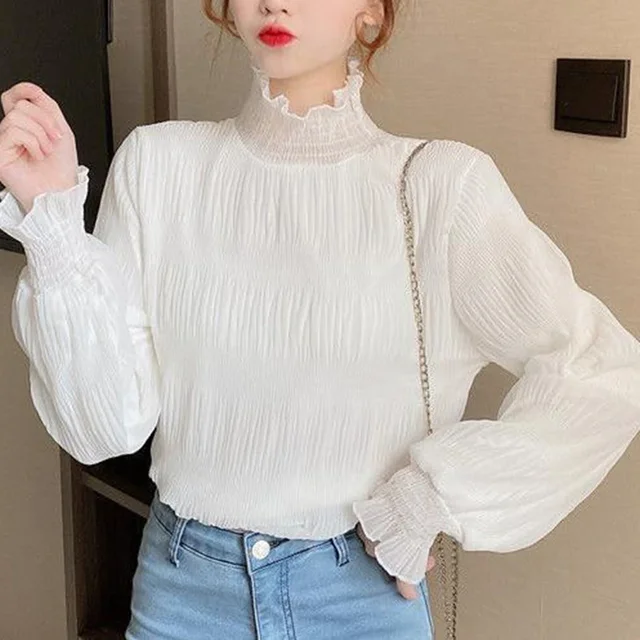 레이스 장식이 돋보이는 우아하고 다재다능한 여성용 꽃잎 칼라 긴팔 티셔츠