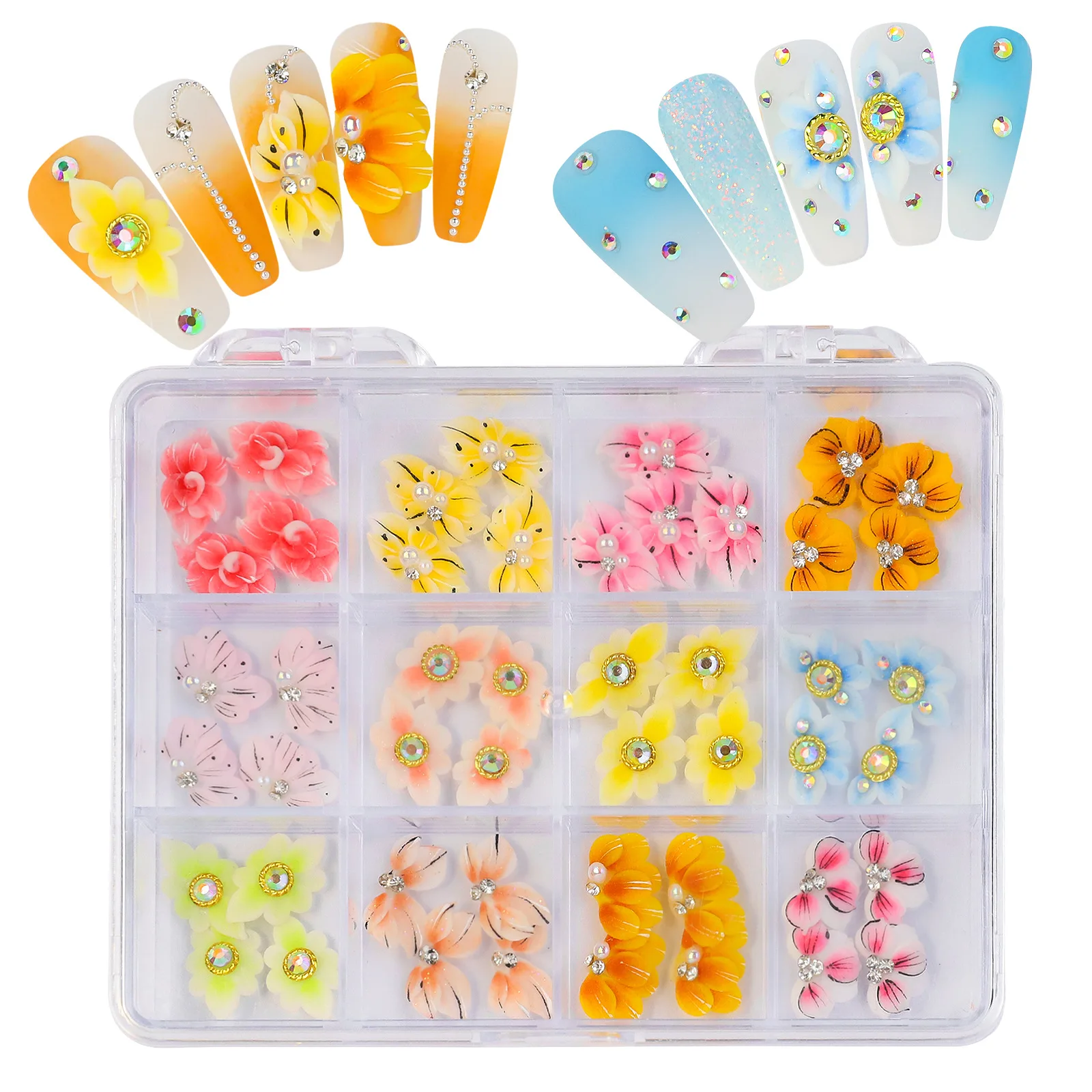 48Pcs 3D Nail Art Flower Decorations with Rhinestones and Pearls