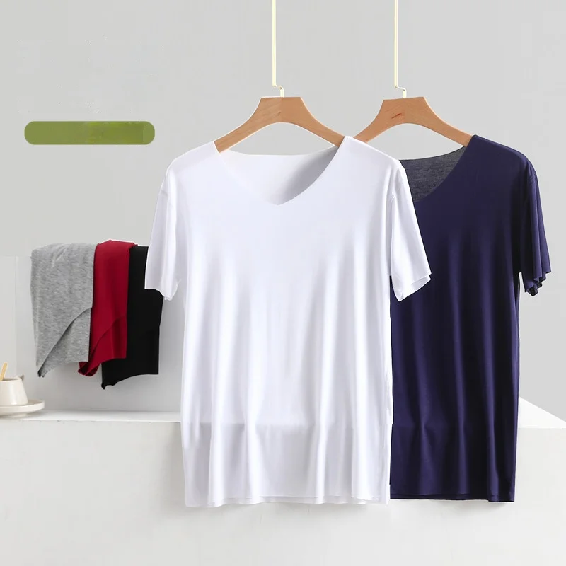 여름 남성 아이스 실크 모달 V-neck 짧은 소매 티셔츠 플러스 사이즈 이음매없는 내복 셔츠 다용도 겉옷 얇은 탑