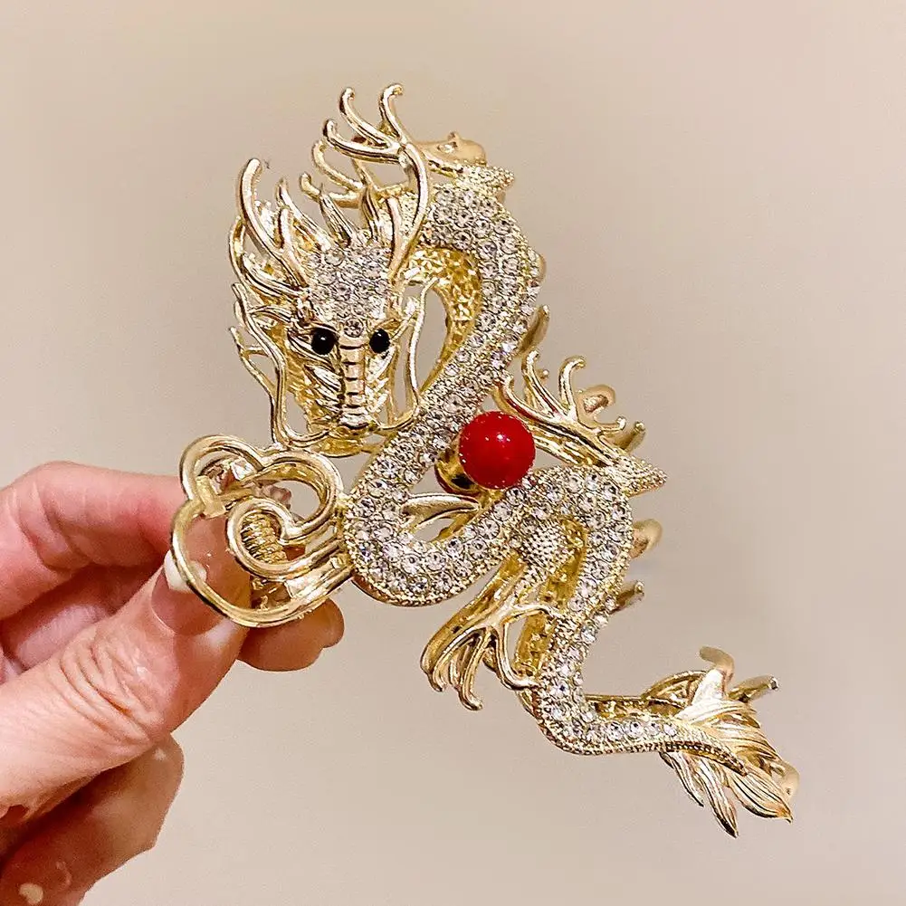 Chinese Dragon Year Hair Clips Hair Accessories for Women Girl Red Bead Metal Rhinestone Claw Pin Fashion Jewelry