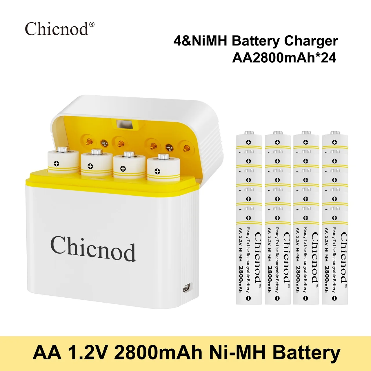 CHICNOD AA Rechargeable Batteries 2800mAh Ni-MH Battery 1.2V Smart Fast Charger 4 Slot USB Charging Kit for Camera Flashlight 1