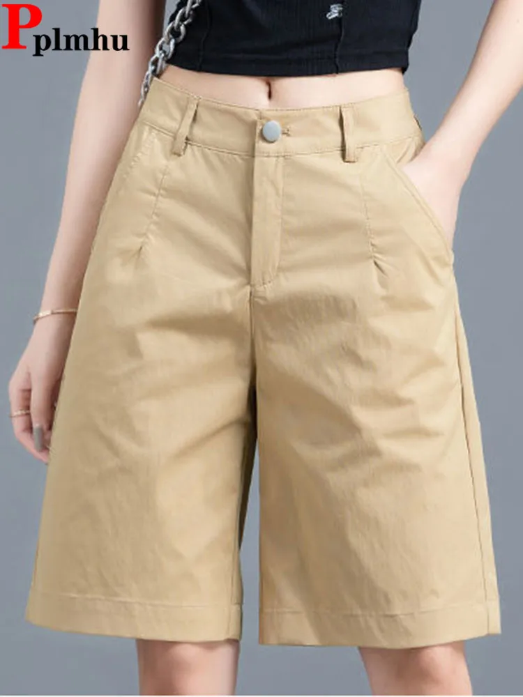 

summer thin baggy straight shorts women casual high waist loose pantalones cortos Korean fashion solid khaki A-lined short pants