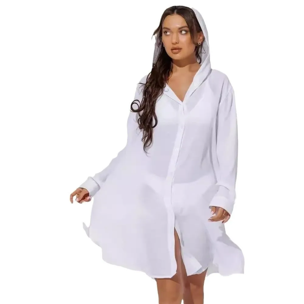 Summer Long Sleeve Button Down Tunic Dress Solid Color Oversized Beach Bikini Cover-up Blouse Tops Vacation Outfit 1