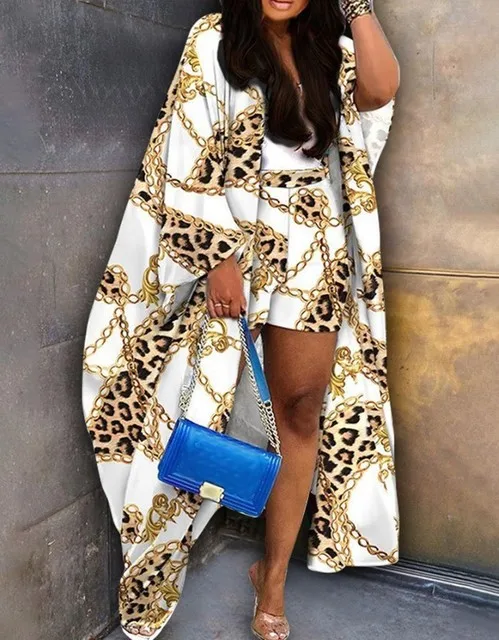 Abstract Print Batwing Sleeve Cardigan & Shorts Set Women Matching Sets Two Piece Set Top Shorts Suit Women Beach Wear Vacation