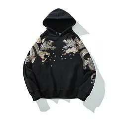 Fashion Hip Hop Hooded Hoodie Vintage Dragon Embroidered Sweater Y2K Harajuku Street Sweatshirt Men Causal Autumn Winter