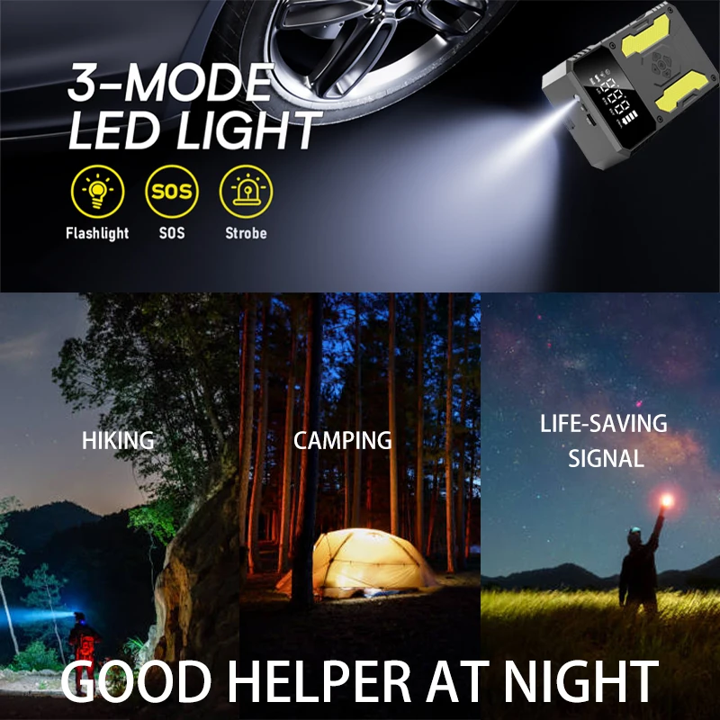 Portable 12V Multi-Function Jump Starter Power Bank 500A Peak 1000A LED Light Built-In Air Pump Car Truck Flashlight