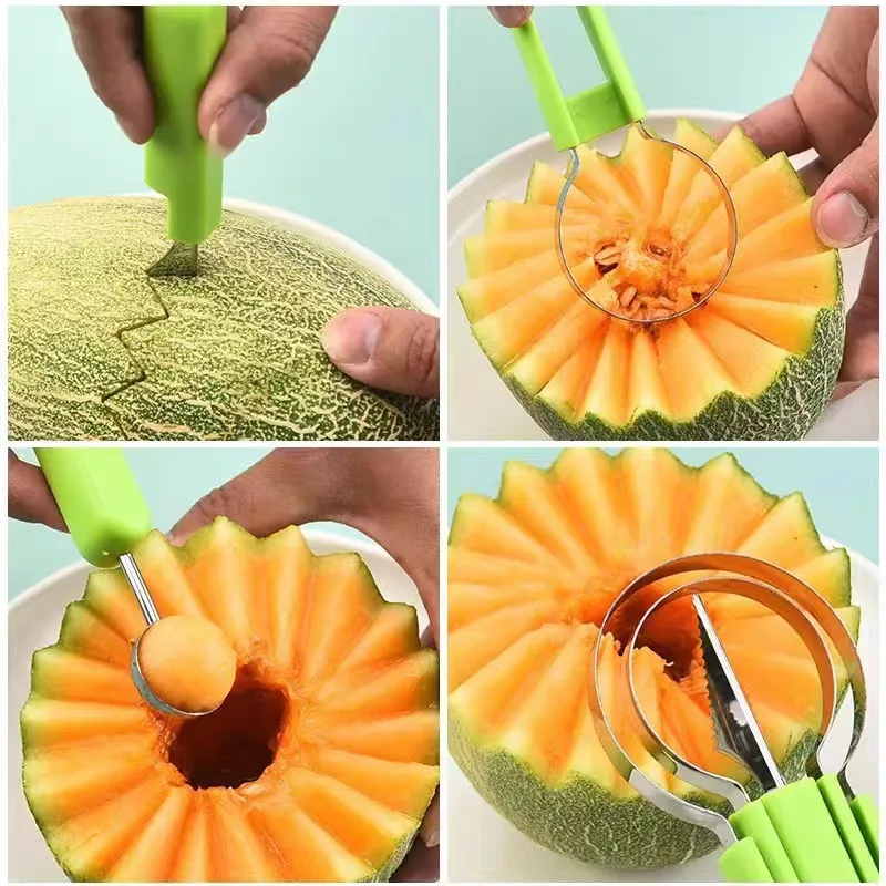 4 in 1 Melon Cutter Scoop Fruit Carving Knife Fruit Cutter Platter Dig Pulp Separator Kitchen Gadgets Tools