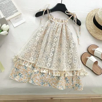 2-12Y Baby Girls Dress New 2025 Summer Fashion Korean Girls Sweet Floral Suspenders Skirt Baby's Girl Cute Children's Lace Dress 1