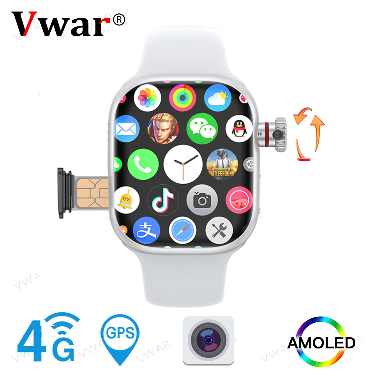 안드로이드 시스템 스마트워치 Vwar S9 아몰레드 스크린, 4G 와이파이 GPS 카메라 스마트 워치, 심 카드 슬롯, 구글 플레이 스토어, 2024 신제품