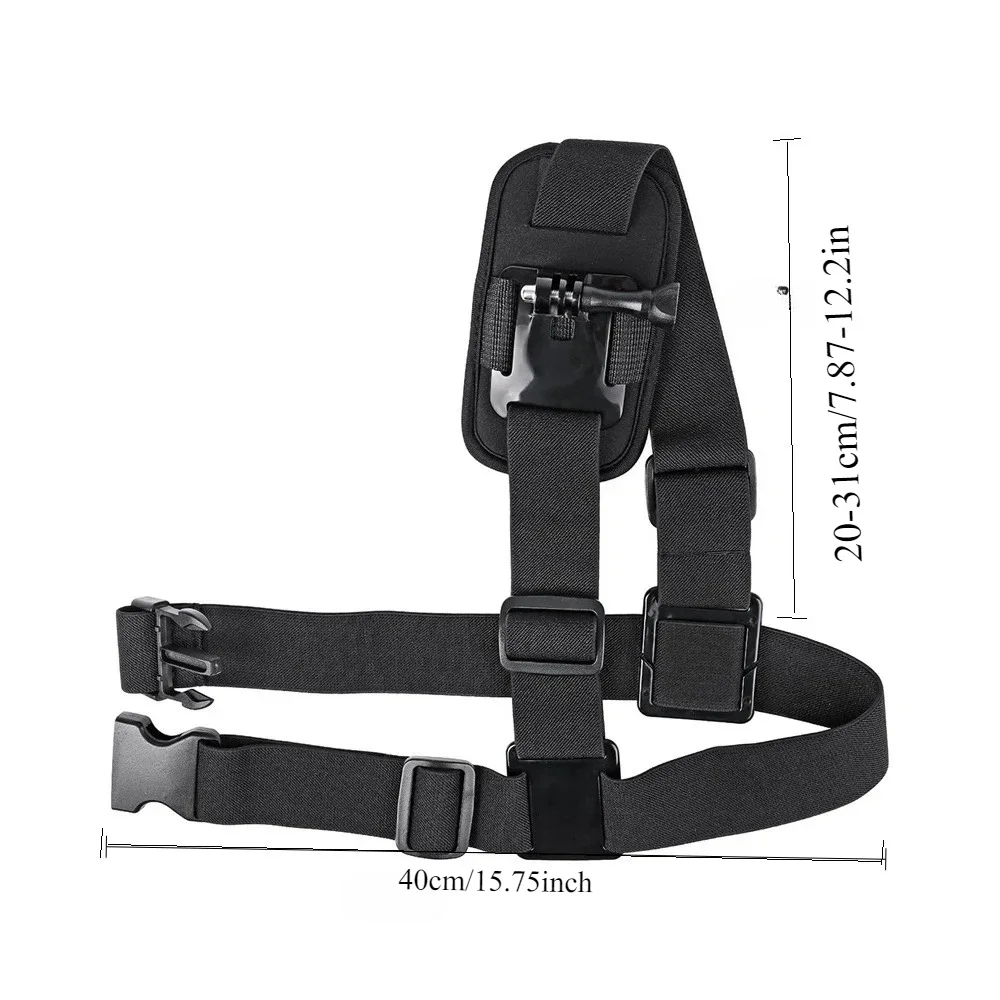 Vue détaillée du harnais d'épaule pour caméra GoPro avec boucles de réglage et rembourrage ergonomique.