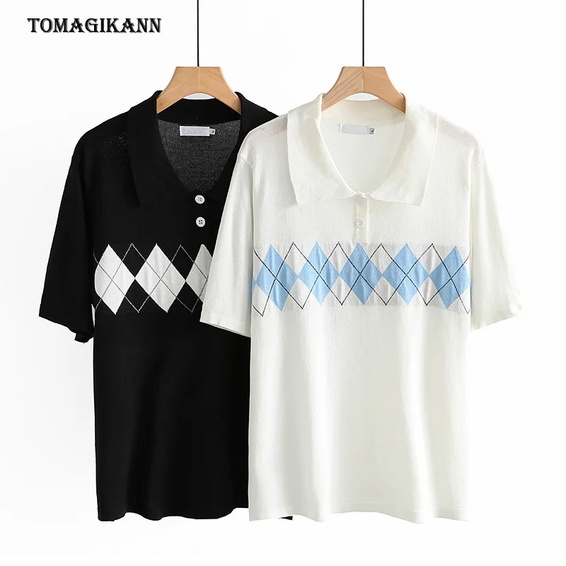 

Women Rhombus Knitted Tshirt Turn Down Collar Half Sleeve Female T shirt Summer Lady Preppy Style Loose T-shirt Tops