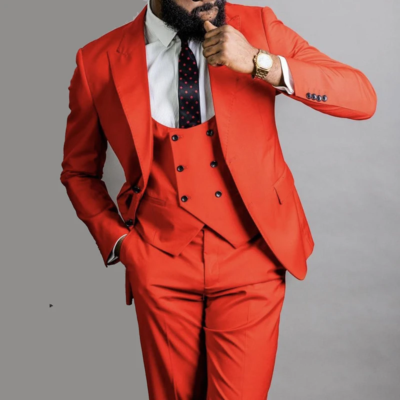 

Bright Orange Peak Lapel Men Suit Costume Homme Wedding Dress Tuxedos Terno Masculino Slim Fit Groom Prom Party Blazer 3 Pieces