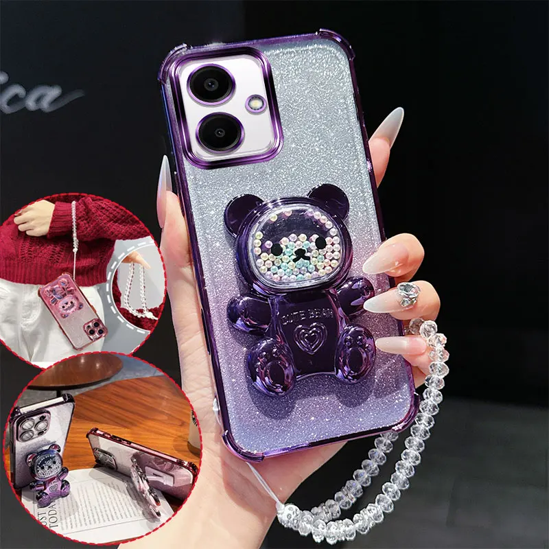 Shockproof Transparent Phone Case with 3D Bear Stand and Glitter Chain Lanyard