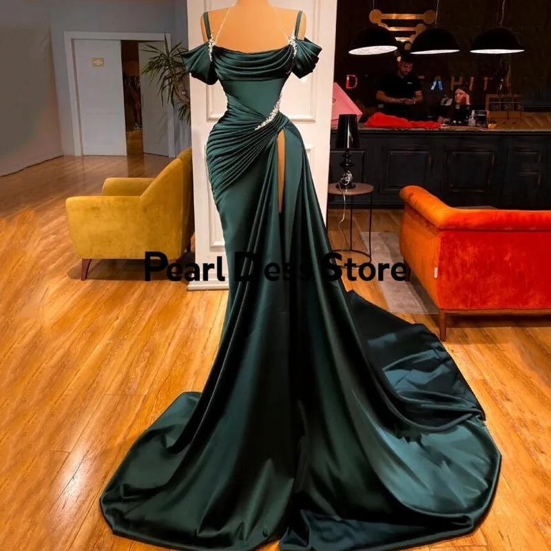 

Pearl Dress, Dark Green Prom Dress, Sexy Beaded and Groundlength Mermaid Off Shoulder Split Evening Dress, Customized by Dubai